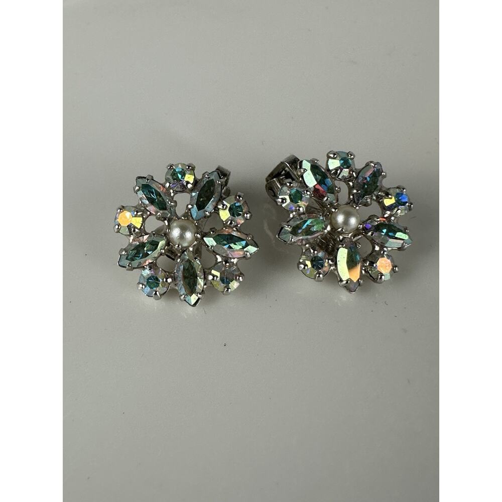 B. David Aurora Borealis Crystal And Pearl Earring Set Vintage
